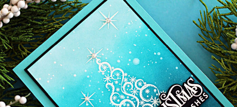 Handmade Christmas card created with the Simon Says Stamp and Gina K STAMPtember collaboration stamp and die set. The design features a white embossed resist Christmas tree with swirls and snowflakes, accented by rhinestone stars. The background is an ombre ink blend in teal shades, fading from dark to light, with splattered white ink for a snowy effect.