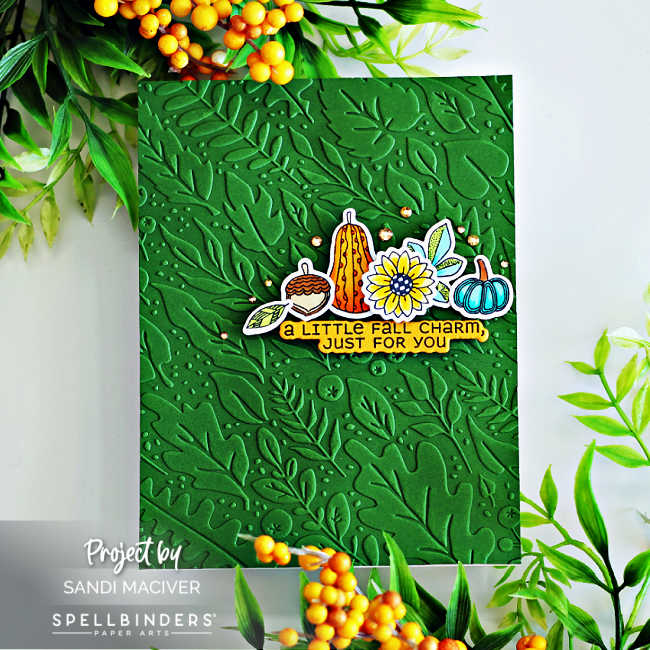 Handmade fall-themed greeting card created with the Spellbinders September Clear Stamp, Die, and Embossing Folder Clubs. The background features a rich green embossed panel with a leafy vine pattern. At the center, there’s a cluster of colorful stamped and die-cut images including a sunflower, acorn, gourd, and teal pumpkin, along with a sentiment strip reading “A LITTLE FALL CHARM, JUST FOR YOU.” Small golden gems accent the design, adding sparkle.