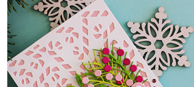 Handmade Christmas card created with the Simon Says Stamp Candy Cane Plate, Ho Ho Holiday Greens dies, and Joy and Cheer sentiment from the Sugar and Spice release. Features a pink die-cut background, layered holiday greens, pink berries, and bold Joy & Cheer sentiment for a festive modern design