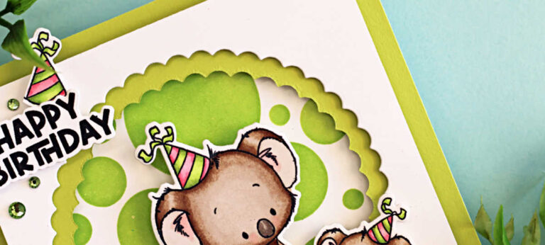 Handmade square birthday card featuring two adorable koalas from the Simon Says Stamp Koala-ty Birthday stamp and die set, part of the Sugar and Spice release. The design includes a bright lime green ink-blended background created with the Mix and Match Circles Stencil and a layered scalloped circle frame die-cut using the Scalloped Circles Nested Die Set. The larger koala sits on a striped gift box while the smaller one holds a cupcake, both wearing colorful party hats. A bold “Happy Birthday” sentiment and green gem embellishments complete the cheerful, playful design by Sandi MacIver.