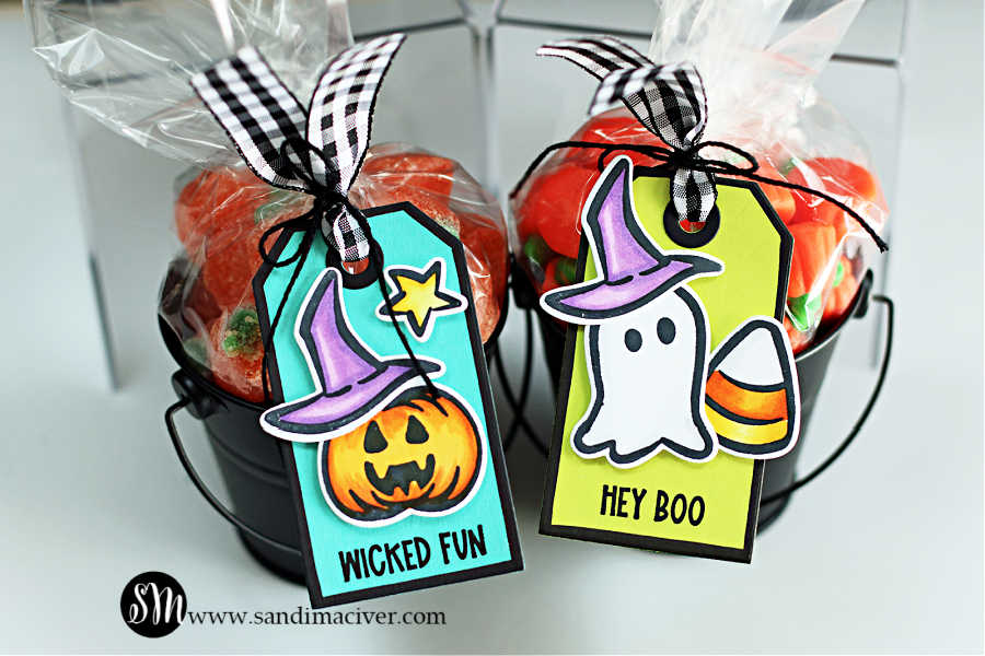 Two small black metal pails filled with colorful Halloween candies are topped with clear cello bags tied with black-and-white gingham ribbon. Each pail features a handmade Halloween tag created with the Tim Holtz Tiny Frights Stamp Set by Simon Says Stamp. One tag shows a smiling jack-o’-lantern wearing a purple witch hat with the sentiment “Wicked Fun,” and the other features a cute ghost holding candy corn with the sentiment “Hey Boo.” Both tags have bright, colorful backgrounds and playful, whimsical designs perfect for Halloween gift giving.