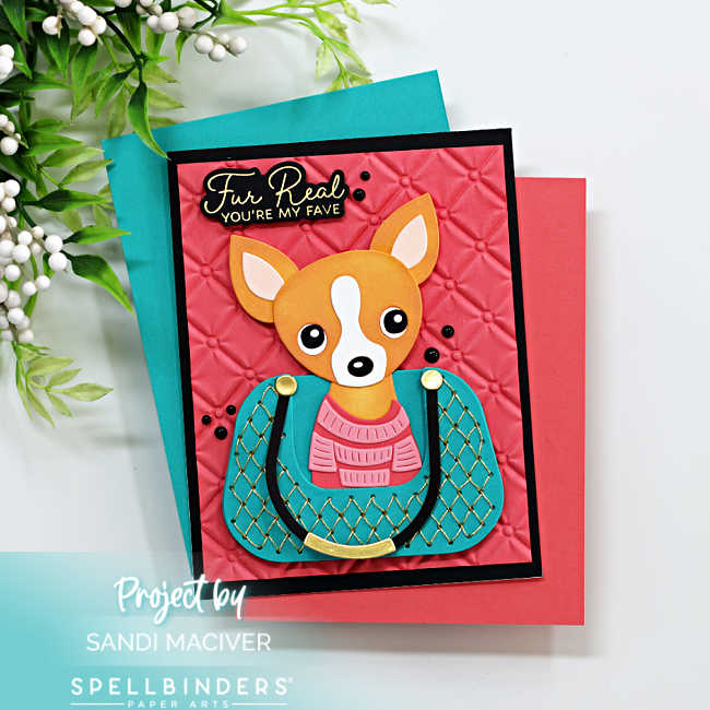 Handmade card featuring a die-cut chihuahua sitting inside a teal quilted Chanel-style purse with gold accents. The dog is wearing a pink sweater, and the background is a deep coral panel embossed with the Spellbinders Petite Tuft 3D Embossing Folder. The sentiment in gold reads “Fur Real, You’re My Fave.” Card designed by Sandi MacIver using Spellbinders November Club Kits.