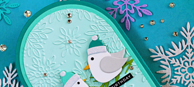 Handmade winter birthday card with two cute die-cut birds wearing teal hats perched on green branches over a light aqua embossed snowflake background, framed with a teal arched card base. A small black and white “Happy Birthday” sentiment sits below the birds, with glittery snowflakes and gems scattered around.