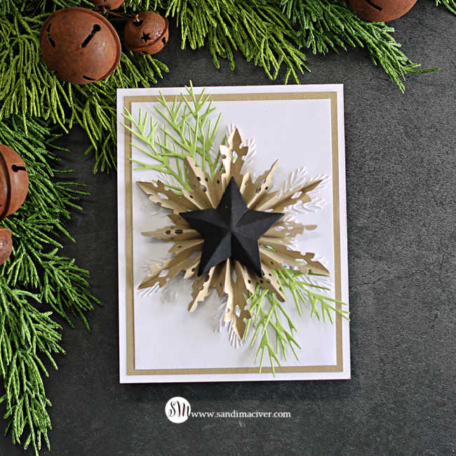 A handmade Christmas card featuring a dimensional layered snowflake rosette die-cut from kraft and white cardstock using the Tim Holtz Snowflake Rosette and Vault Rosettes dies. The snowflake is topped with a bold 3D black star and accented with die-cut green pine branches. The card has clean white layers with a kraft border and is photographed on a dark background with rustic jingle bells and fresh evergreen branches for styling.