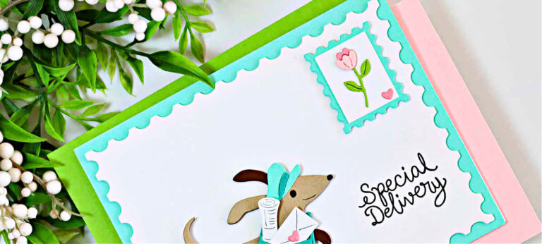 Handmade greeting card created with the Hero Arts My Monthly Hero Postage Frame Die Set. A die-cut dachshund mail carrier runs across a white postage-edge panel with a teal border, carrying letters in a teal mailbag. A small pink tulip postage stamp embellishment sits in the top right corner with the sentiment “Special Delivery” stamped beside it.