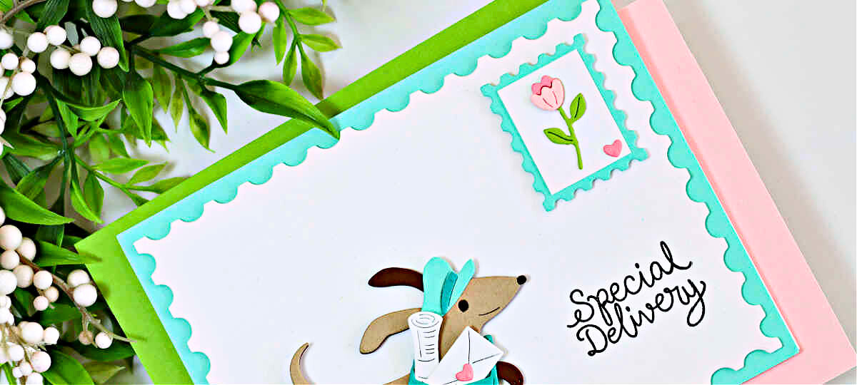 Handmade greeting card created with the Hero Arts My Monthly Hero Postage Frame Die Set. A die-cut dachshund mail carrier runs across a white postage-edge panel with a teal border, carrying letters in a teal mailbag. A small pink tulip postage stamp embellishment sits in the top right corner with the sentiment “Special Delivery” stamped beside it.