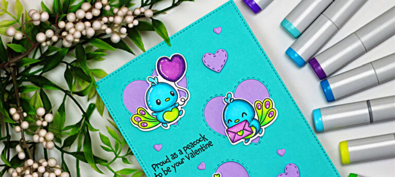 Handmade Valentine card featuring three cute blue peacocks holding hearts and love notes, colored with Copic markers and arranged on stitched purple heart inlays over a teal stitched background, with small purple hearts scattered throughout.