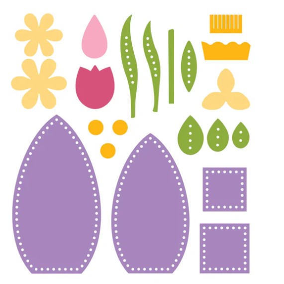D Eggs and Flowers Felt Decor Die Set featuring layered egg shapes, flower petals, leaves, stems, and small decorative accents designed for creating dimensional felt spring and Easter embellishments.
