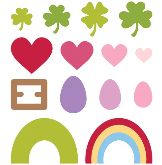 pring Embellishments 3D Felt Decor Die Collection featuring layered felt shapes including shamrocks, hearts, Easter eggs, felt flower centers, a rainbow, and decorative arches in soft spring colors.