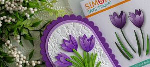 Crocus die cut card featuring purple crocus flowers with embossed background using Simon Says Stamp Fresh Crocus Duo Die Set and scalloped arch dies