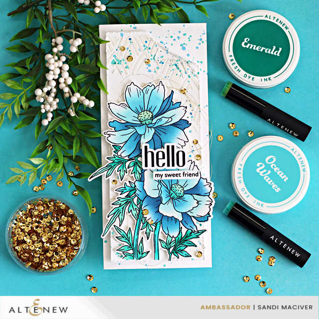 Mixed media slimline card featuring Altenew Sulfur Cosmos with layered stenciling, white relief paste texture, blue ink splatter, and coordinating dye inks