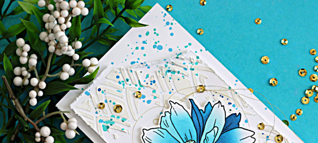 Mixed media slimline card featuring Altenew Sulfur Cosmos with stenciling, white relief paste texture, and blue ink splatter on a white card front