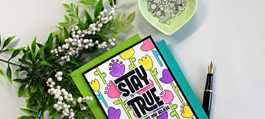 Folk Flower Stamp and Stencil Card by Simon Says Stamp featuring colorful ink blended floral background and Stay True sentiment on handmade card