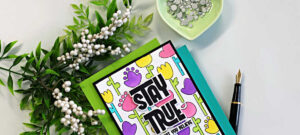 Folk Flower Stamp and Stencil Card by Simon Says Stamp featuring colorful ink blended floral background and Stay True sentiment on handmade card