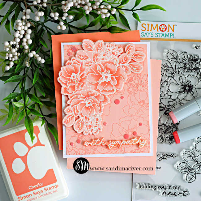 Monochromatic sympathy card featuring Wild Rose florals with white heat embossing and apricot Copic coloring, shown with stamp set, ink, and supplies