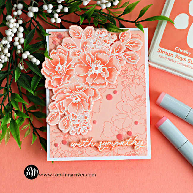 Monochromatic sympathy card with Wild Rose florals, white heat embossing, and apricot Copic coloring, styled with markers and greenery