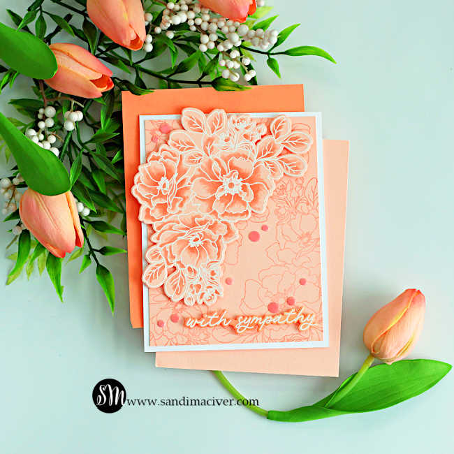 Monochromatic sympathy card featuring Wild Rose florals with white heat embossing and soft apricot Copic coloring, styled with tulips and greenery