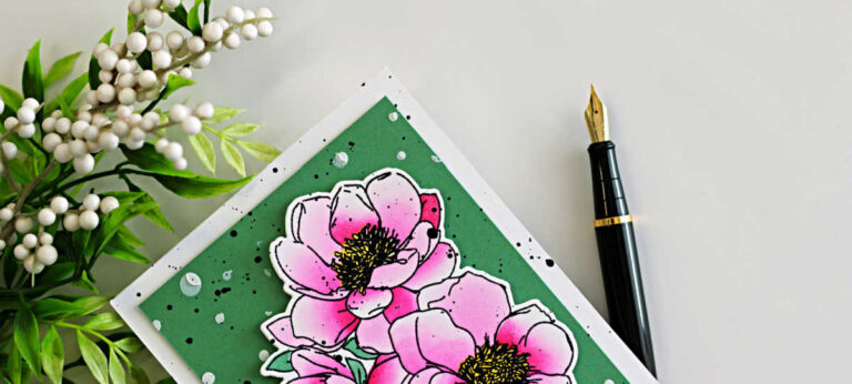 Handmade pink floral hugs card created with the Alex Syberia Designs Hugs in Bloom BetterPress plate and stencil combo, featuring layered stencil ink blending, heat embossed floral outlines, splatter background, and a bold black Hugs sentiment.