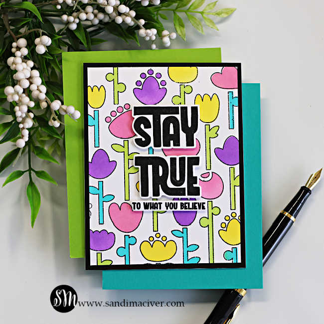 Folk Flower Stamp and Stencil Card detail featuring Stay True sentiment with bright ink blended floral background by Simon Says Stamp