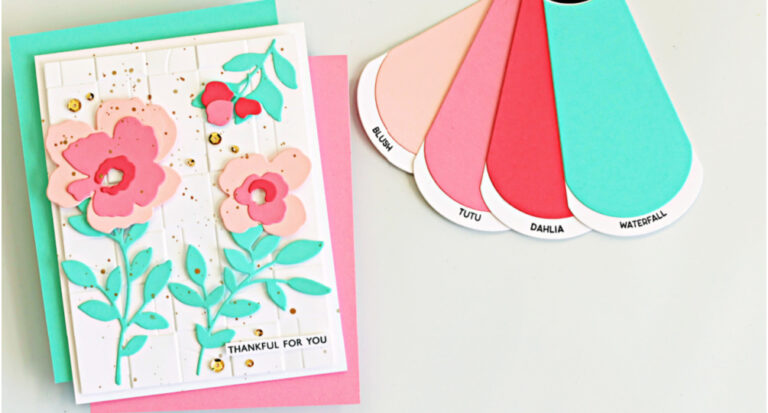 Blush and teal color combo for cardmaking featuring a layered floral handmade card with die cut flowers and coordinating cardstock swatches