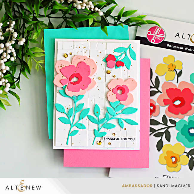 Blush and teal color combo for cardmaking featuring a layered floral handmade card with die cut flowers, embossed background, and Altenew Botanical Waltz dies