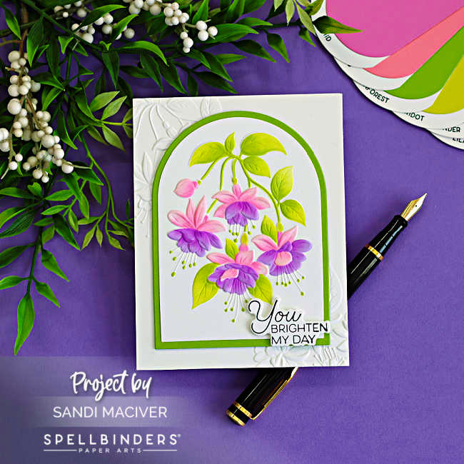 White space card featuring stenciled fuchsia flowers in pink and purple inside an arched frame, with a white embossed background created using an embossing folder.