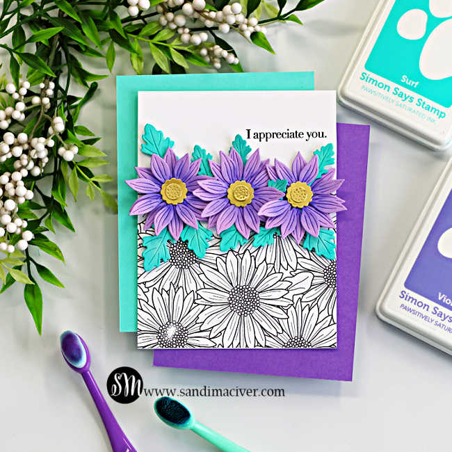 Clean and simple floral die cut card with purple layered flowers and teal leaves on a white background, featuring a stamped gerbera daisy design and “I appreciate you” sentiment, highlighting a modern white space cardmaking technique.