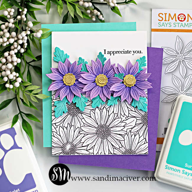Easy floral die cut card with layered purple flowers and teal leaves on a clean white card front, featuring a stamped gerbera daisy background and “I appreciate you” sentiment, demonstrating a modern white space cardmaking design.