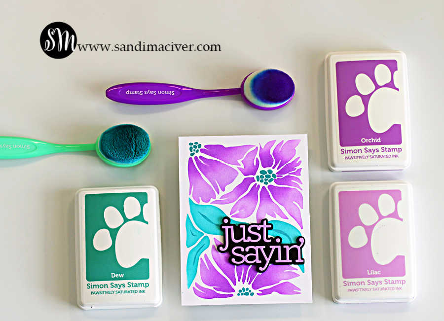 Simple ink blended card using the Friendly Blossoms stencil with purple flowers and teal leaves, shown with Simon Says Stamp ink pads and blending brushes.