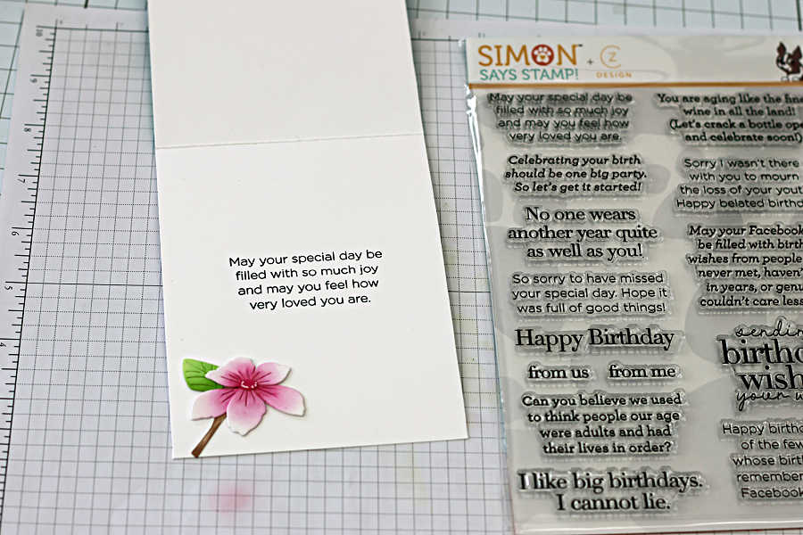 Inside of die cut spring card with stamped birthday sentiment and small blossom branch embellishment.