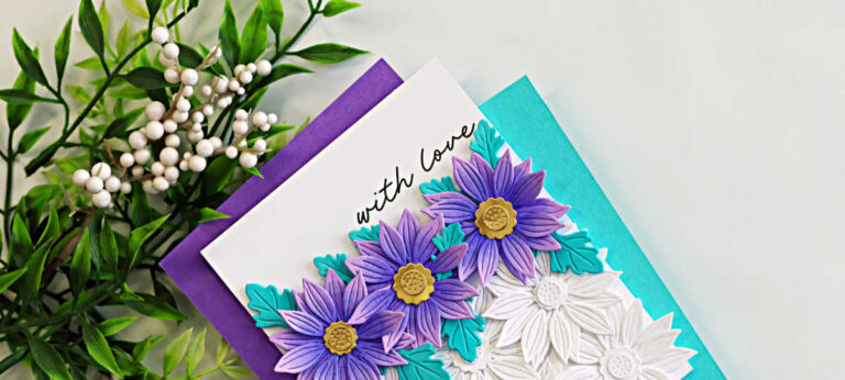 Clean and simple floral card with layered purple and teal die cut flowers over a white tone-on-tone embossed background, with sentiment “with love” and colorful cardstock layers behind, demonstrating embrace the white space cardmaking design.