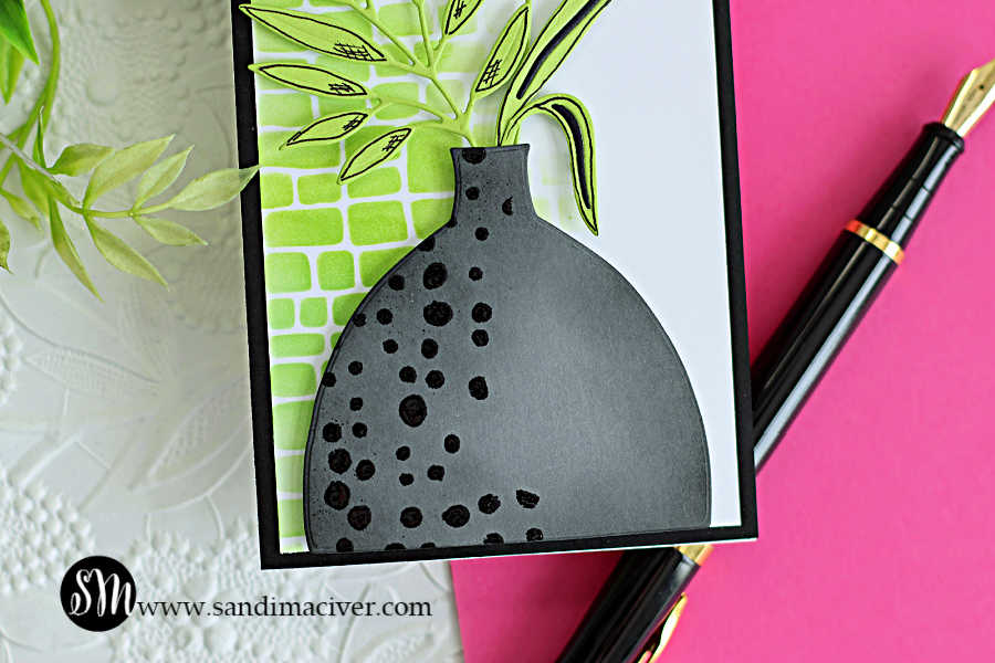 mini slimline floral card using Hero Arts My Monthly Hero April Kit with green stenciled background black heat embossed vase and hand drawn leaves and flower details
