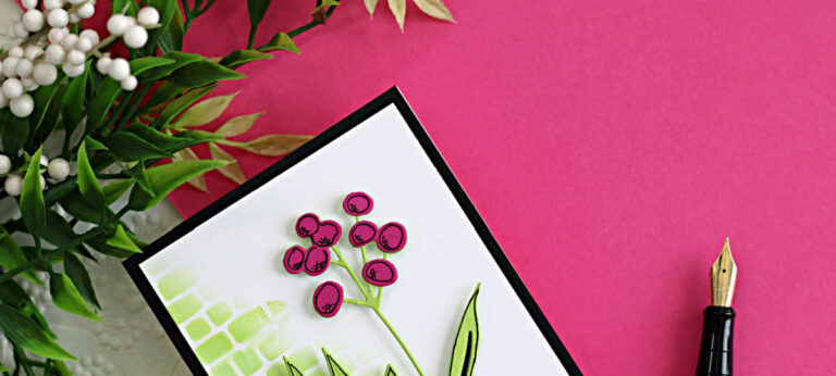 mini slimline floral card using Hero Arts My Monthly Hero April Kit with stenciled background black heat embossed vase and hand drawn floral details