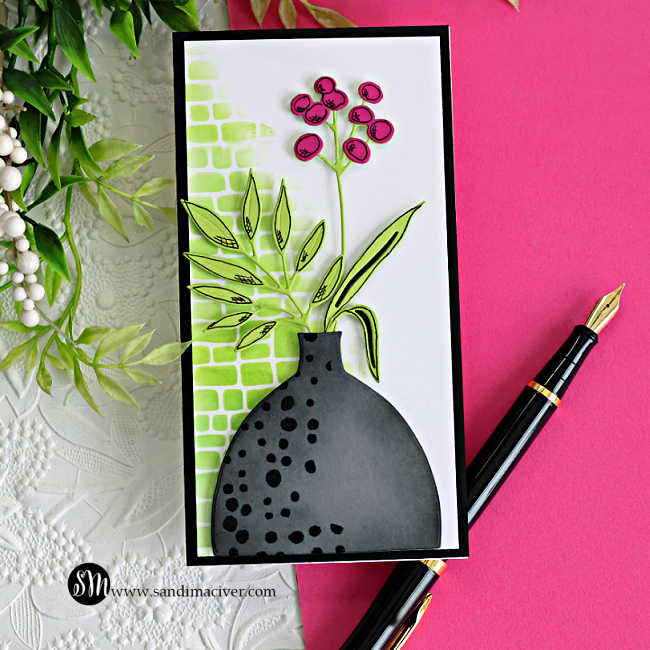 mini slimline floral card using Hero Arts My Monthly Hero April Kit with green stenciled background black heat embossed vase and hand drawn leaves and flower details