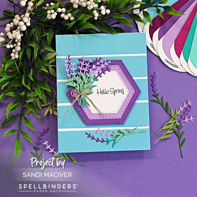 Lavender fields die cut card featuring layered hexagon frames, striped background, and soft purple and green lavender sprigs with Hello Spring sentiment.