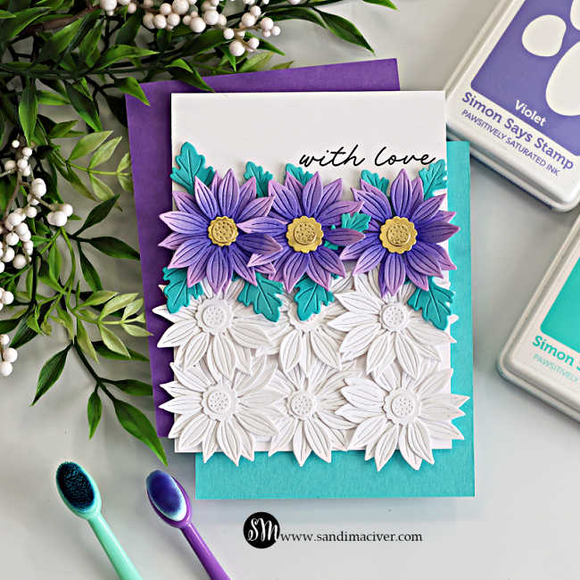 Layered floral card with purple and teal die cut flowers across the top and white tone-on-tone floral background on the bottom, with “with love” sentiment, showcasing clean and simple embrace the white space cardmaking design.