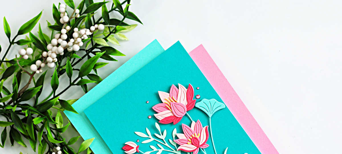 Elegant lotus flower card in pink and teal with layered die cut flowers on a blended background, perfect handmade card idea for cardmaking inspiration