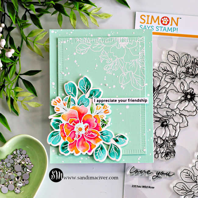 Messy watercolor wild rose card featuring a bright coral and pink hand-painted flower with teal leaves on a soft mint green background, with white embossing, paint splatter, and Simon Says Stamp Wild Rose set.