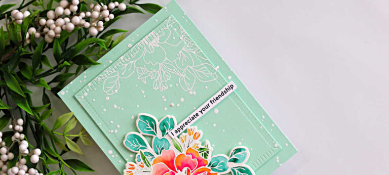 Messy watercolor wild rose card with soft mint green background, white embossed floral outline, and a layered hand-painted rose in coral and pink tones with teal leaves and sentiment strip.