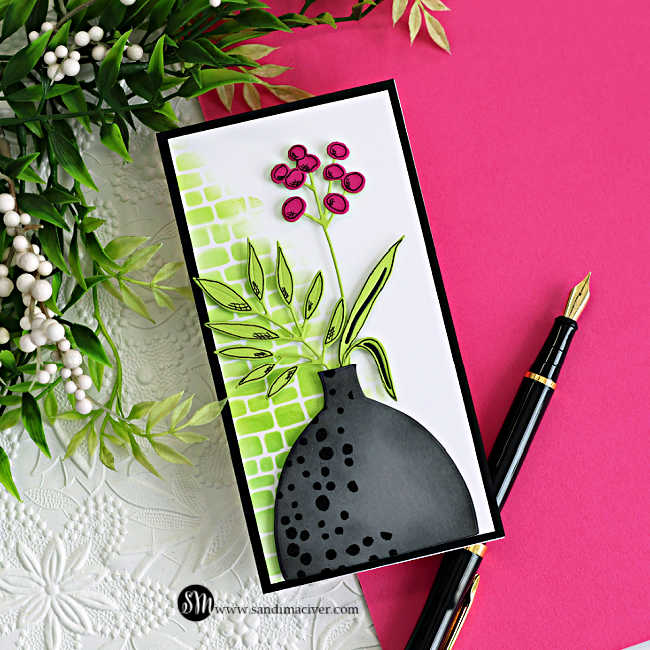 mini slimline floral card using Hero Arts My Monthly Hero April Kit with green stenciled background black heat embossed vase and hand drawn leaves and flower details