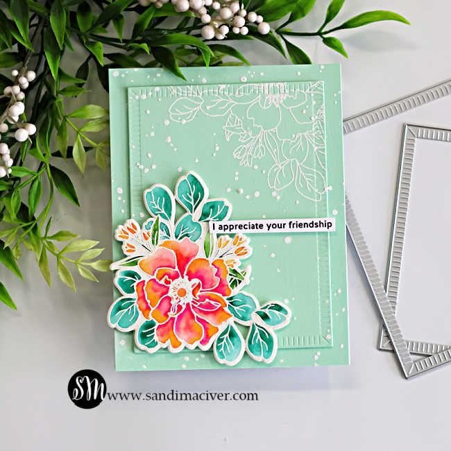 Messy watercolor wild rose card with coral and pink hand-painted flower, teal leaves, white embossed floral background on mint cardstock, and layered die cut panel using Simon Says Stamp Wild Rose set.