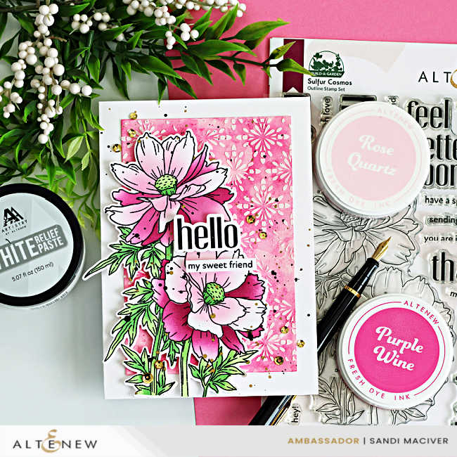 Sulfur Cosmos card with ink blended stenciled flowers, Altenew stamps and dies, layered over a pink ink smooshed background with white relief paste texture