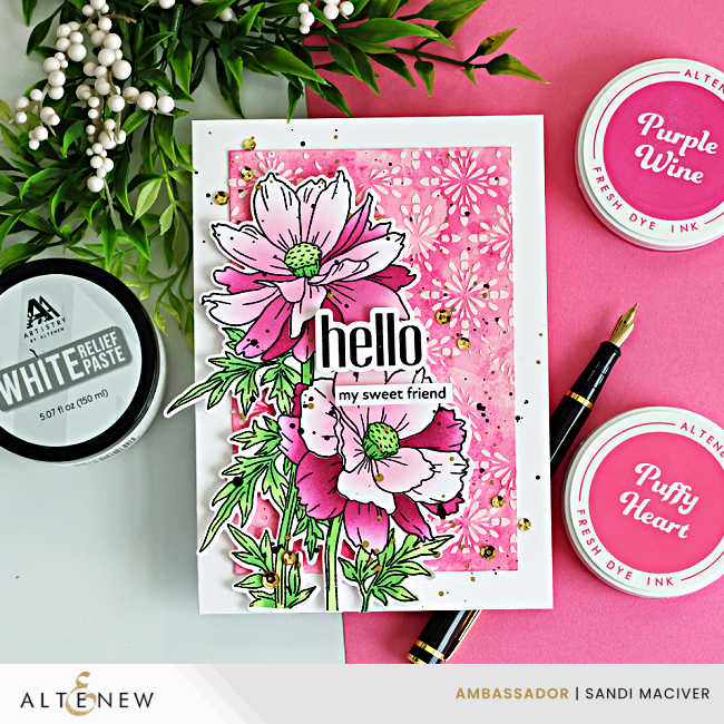 Sulfur Cosmos card featuring ink blended stenciled flowers over a pink ink smooshed background with white relief paste texture and Altenew inks