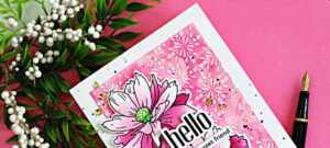 Sulfur Cosmos card featuring ink blended stenciled flowers layered over a pink ink smooshed background with white relief paste texture and splatter details