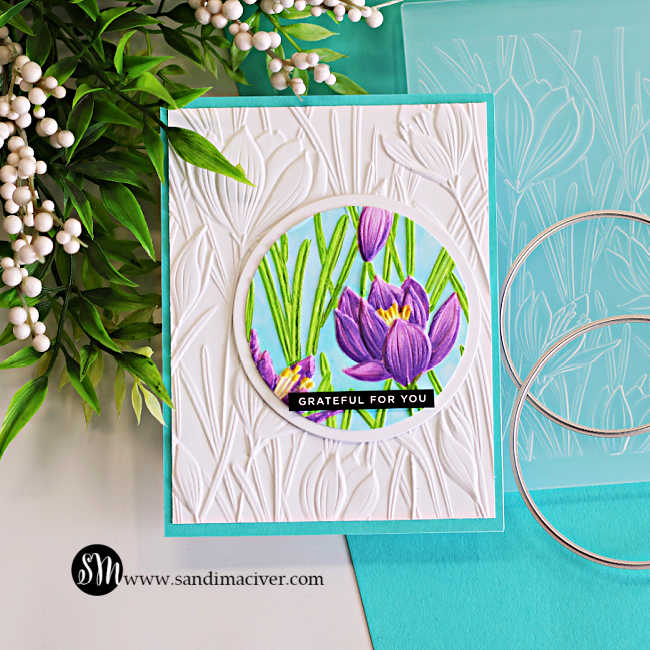 Handmade spotlight technique card featuring the Simon Says Stamp Crocus Field embossing folder with a circular crocus flower focal point colored in purple and green with Copic markers on a white embossed background and aqua card base.