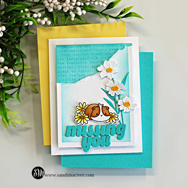 Handmade clean and simple card featuring a cute guinea pig with yellow flowers, layered white die cut daisies, torn paper texture, soft turquoise ink blending, and a bold layered “missing you” sentiment. The minimal color palette and subtle background stamping create texture and depth using Simon Says Stamp products.