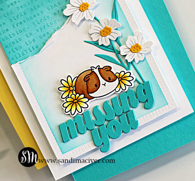 Close-up of a handmade clean and simple card featuring a cute guinea pig holding yellow flowers beside layered white die cut daisies and Audrey Blue stems. The card includes soft turquoise ink blending, torn paper texture, tone-on-tone background stamping, and a bold layered “missing you” die cut sentiment.