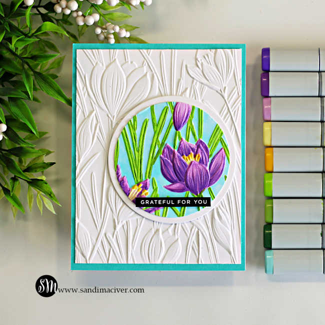Handmade spotlight technique card featuring the Simon Says Stamp Crocus Field embossing folder with a circular crocus flower focal point colored in purple and green with Copic markers on a white embossed background and aqua card base.