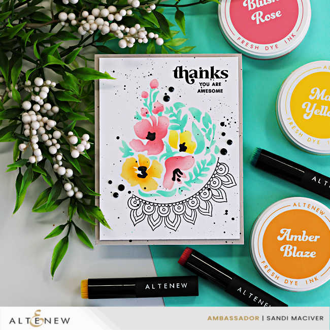 Clean and simple Altenew soft ink blended floral card featuring pink and yellow flowers with mint green leaves created with the Dynamic Duo Crescent Flowers stencil set. The handmade thank you card includes black splatter accents, outline arch stamping, bold sentiment lettering, and coordinating Altenew ink colors for a modern floral cardmaking design.
