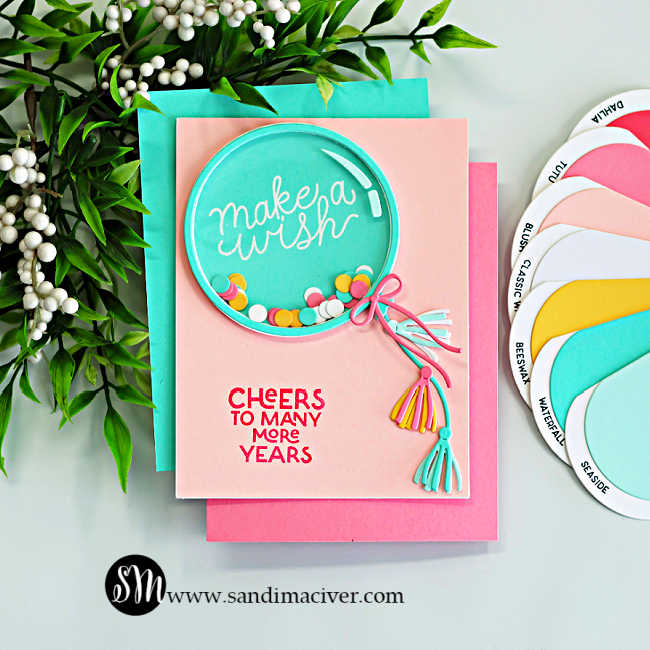 birthday balloon shaker card with pastel layered cardstock, teal shaker window, confetti pieces, and tassel accents from Hero Arts My Monthly Hero Kit